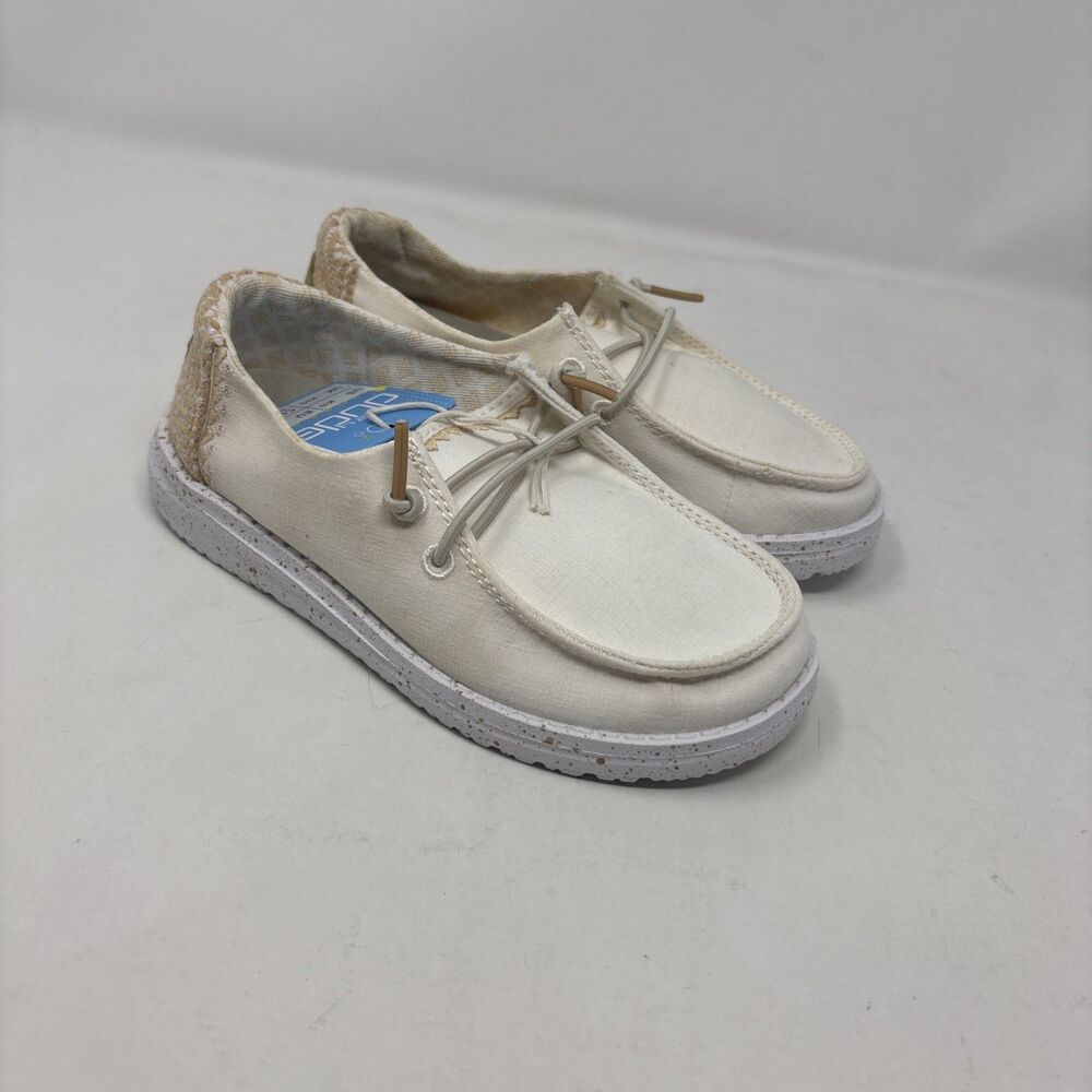 HEYDUDE Wendy Youth Chambray Woven White Sand Slip On Shoes Kids Size 11 NWT